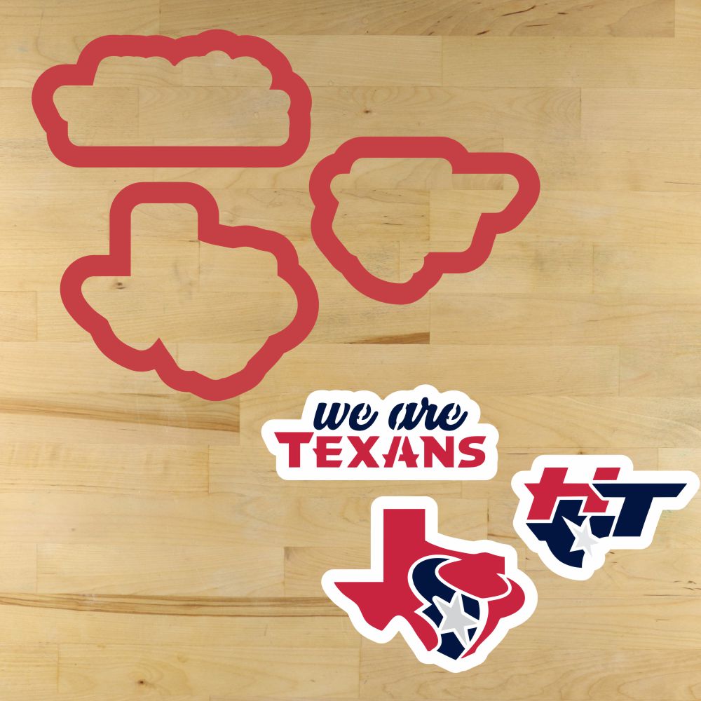 Mockup of the Houston Game Day Cookie Stencil Set and matching cookie cutters.