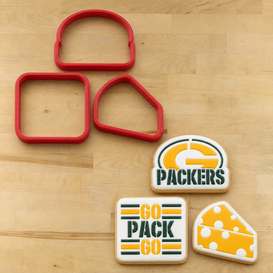 Green Bay Packers "Cheesehead" Cookie Stencil Set and cookie cutters.