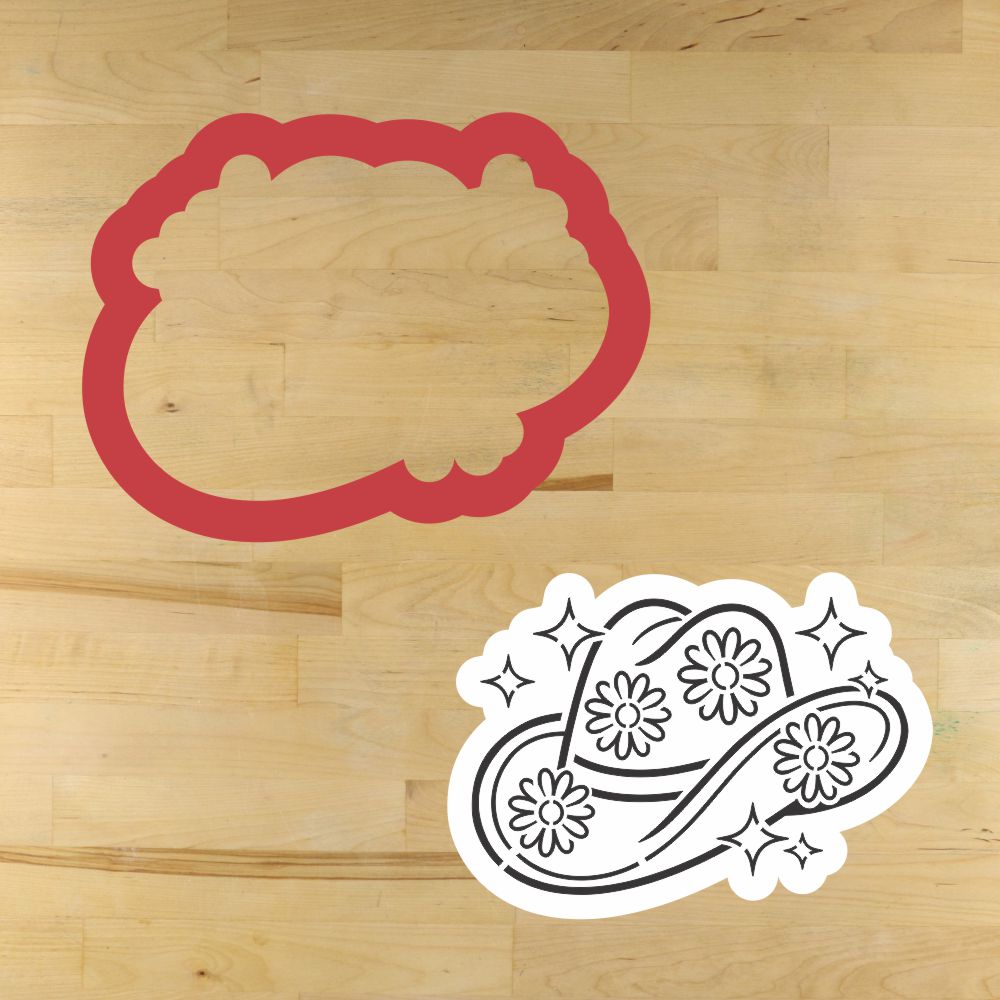 Mockup design of the Cowgirl Hat PYO Cookie Stencil and matching cookie cutters.