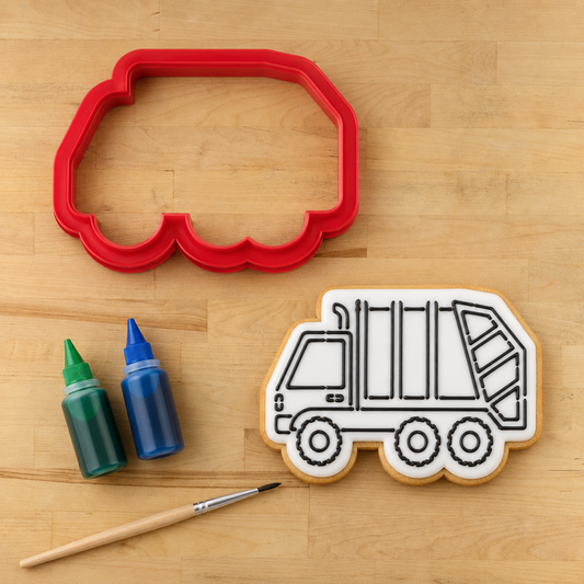 Garbage truck PYO Cookie next to the matching garbage truck shaped cookie cutter.