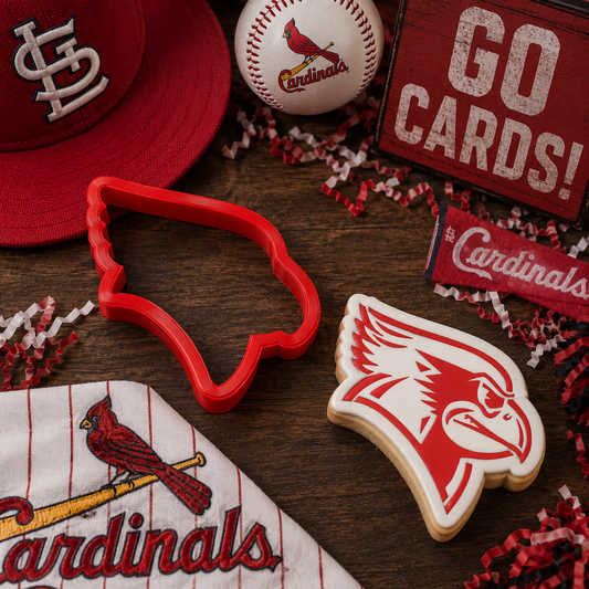 Cardinal Shaped Cookie using the Cardinal Mascot Cookie Stencil and matching cardinal cookie cutter