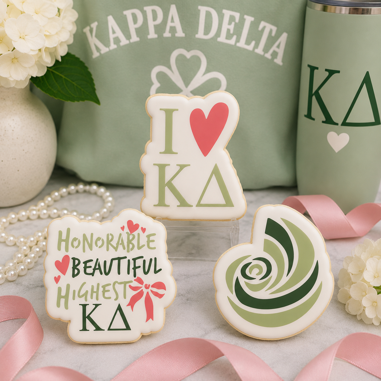 Three decorated Kappa Delta sugar cookies displayed with sage green sorority-themed décor, pink ribbon, and floral accents.
