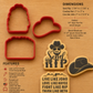 Product details, dimensions and care instructions for the Dutton Ranch Inspired Cookies and Cookie Cutters Cut in the USA on food grade plastic.