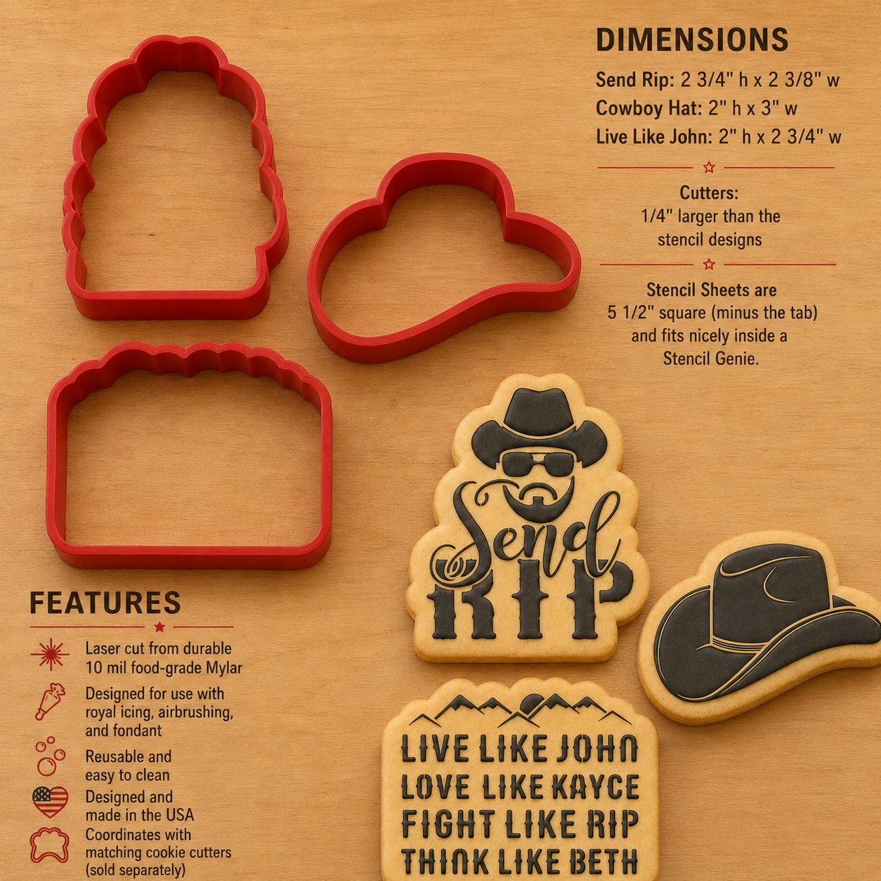 Product details, dimensions and care instructions for the Dutton Ranch Inspired Cookies and Cookie Cutters Cut in the USA on food grade plastic.