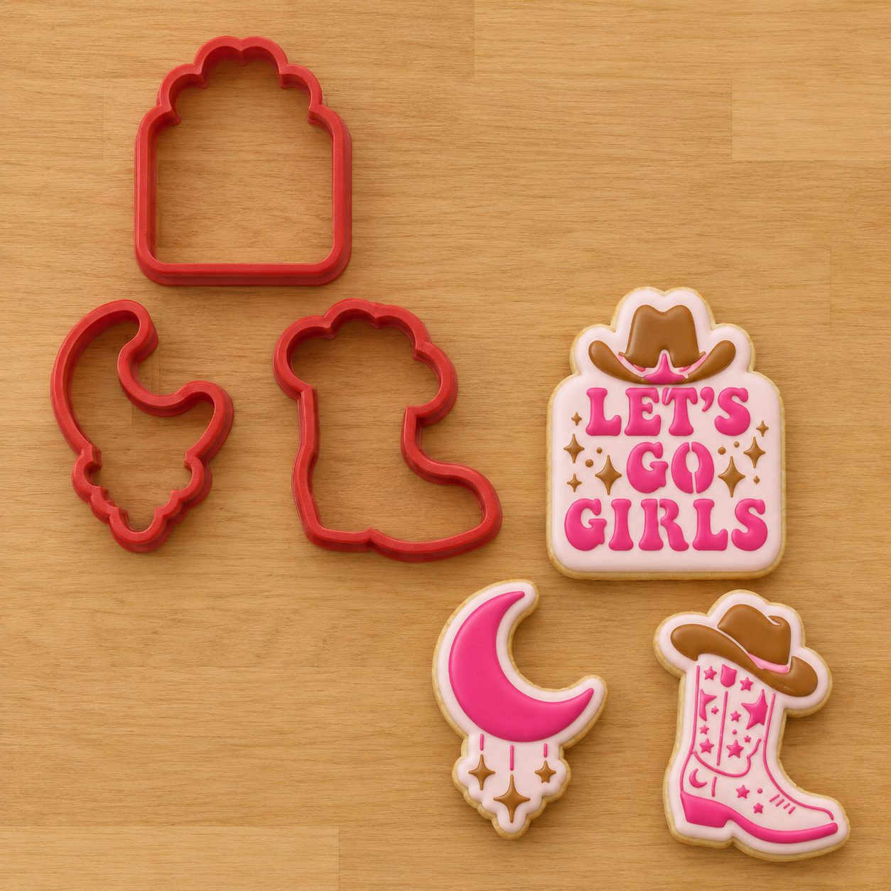 Decorated cowgirl boot, Let’s Go Girls and crescent moon cookies for a western party