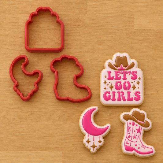 Decorated cowgirl boot, Let’s Go Girls and crescent moon cookies for a western party