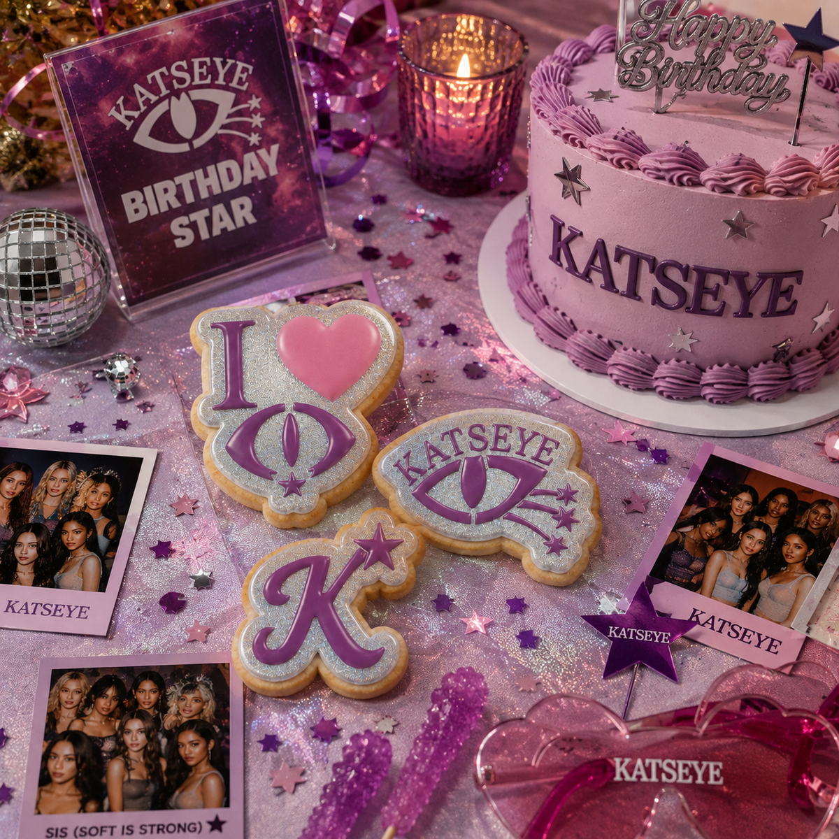 A styled birthday party scene with pink and purple decorations, a custom cake reading KATSEYE, cookie cutouts shaped like letters and an eye, printed photo cards, a disco ball, and a sign that says KATSEYE BIRTHDAY STAR.