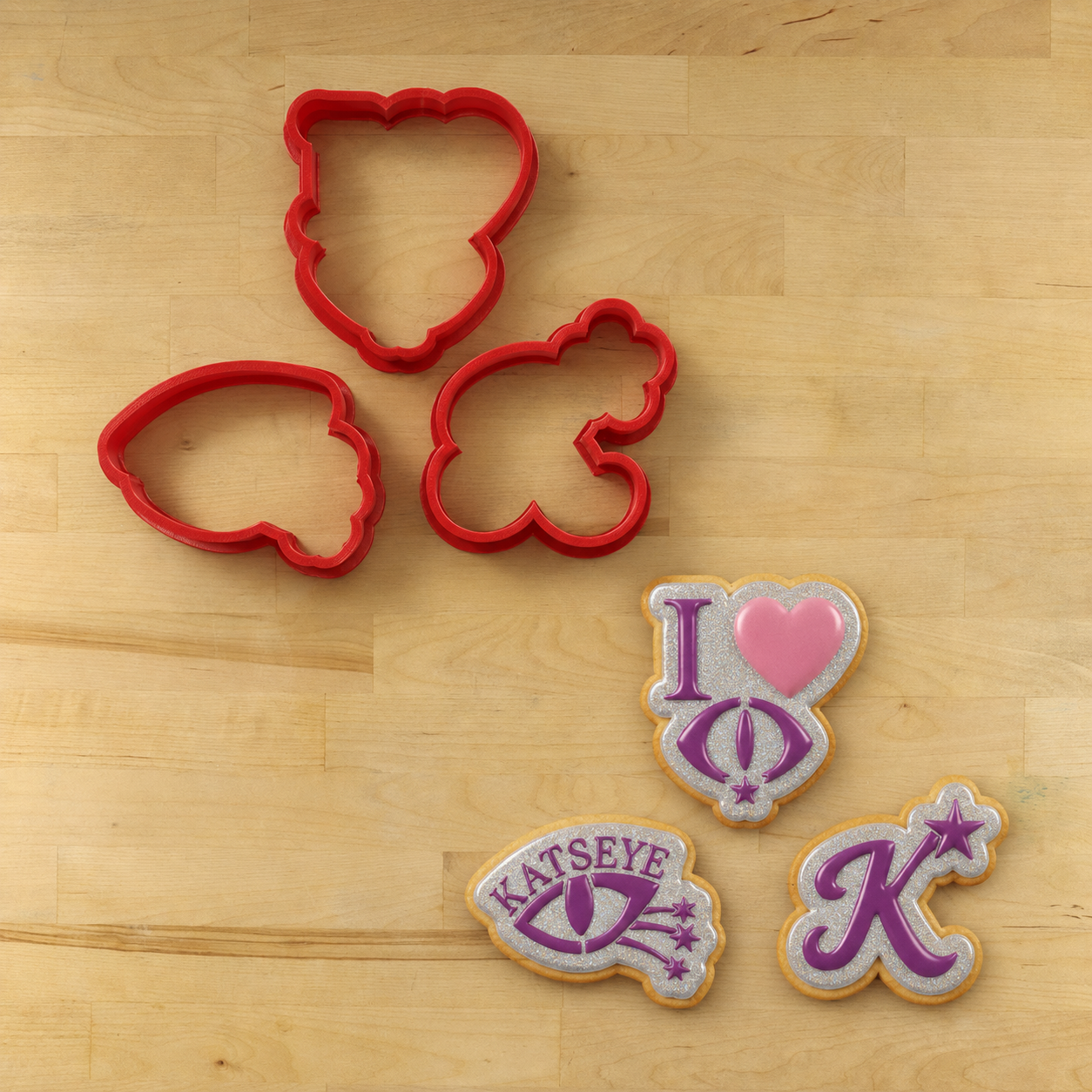 Eyekons Cookie Stencil Set featuring I Love Katseye, Katseye lettering and stylized K cookie designs with optional matching cutters