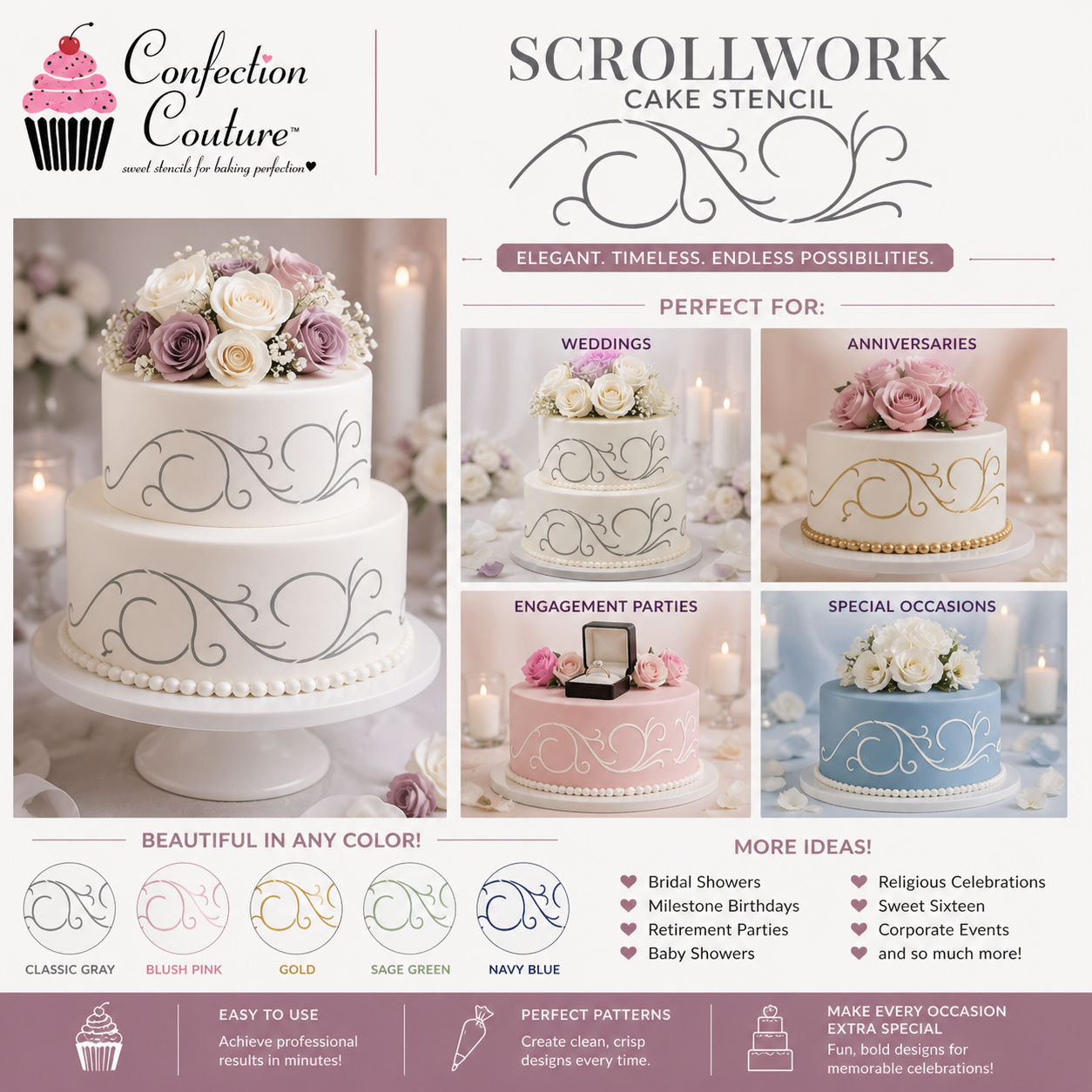 Cake Design collage using the scrollwork cake stencil