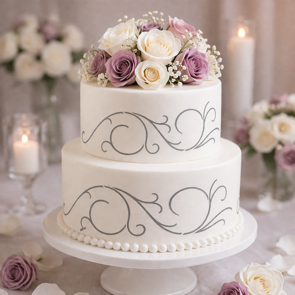 Scrollwork Cake Stencil pattern applied to the sides of a 2-tiered wedding cake topped with purple roses.