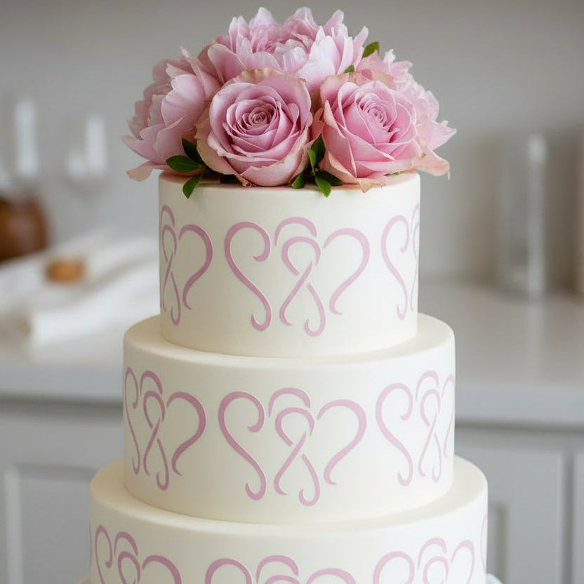 Set of pink heart cake stencil patterns on a white cake