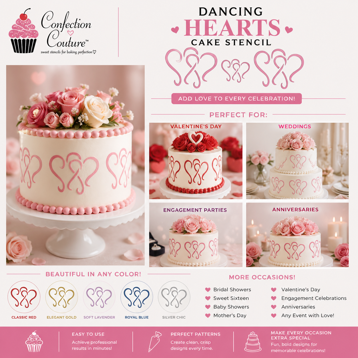 Collage of Dancing Heart cake stencil design applied to wedding and valentine's day cakes.