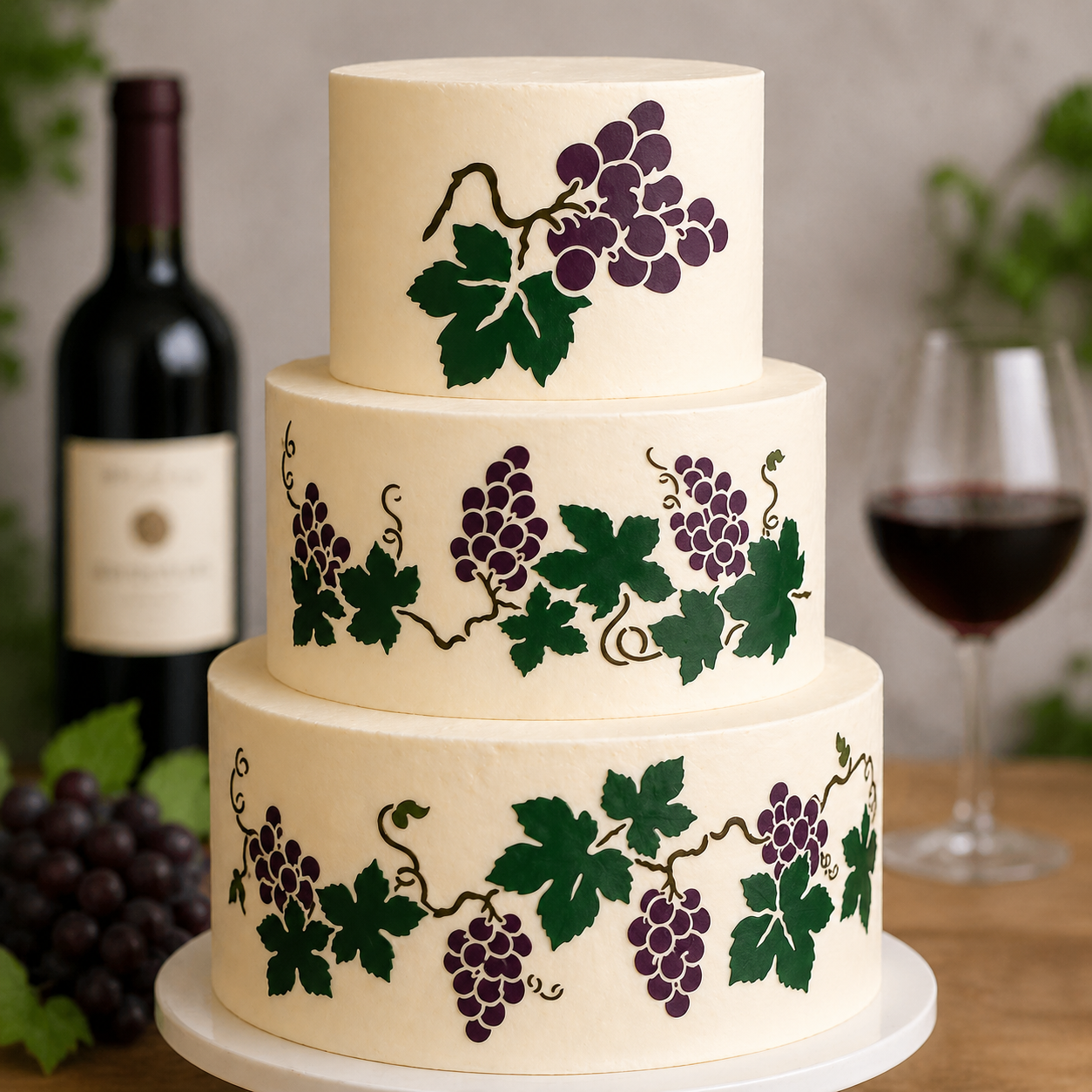 Grapevine Cake Stencils applied to the sides of a white 3-tiered cake at a vineyard event.
