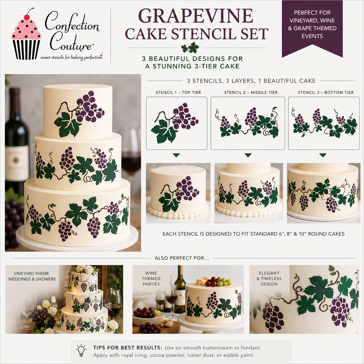 Grapevine cake stencil set for a 3-tier cake with Confection Couture branding.