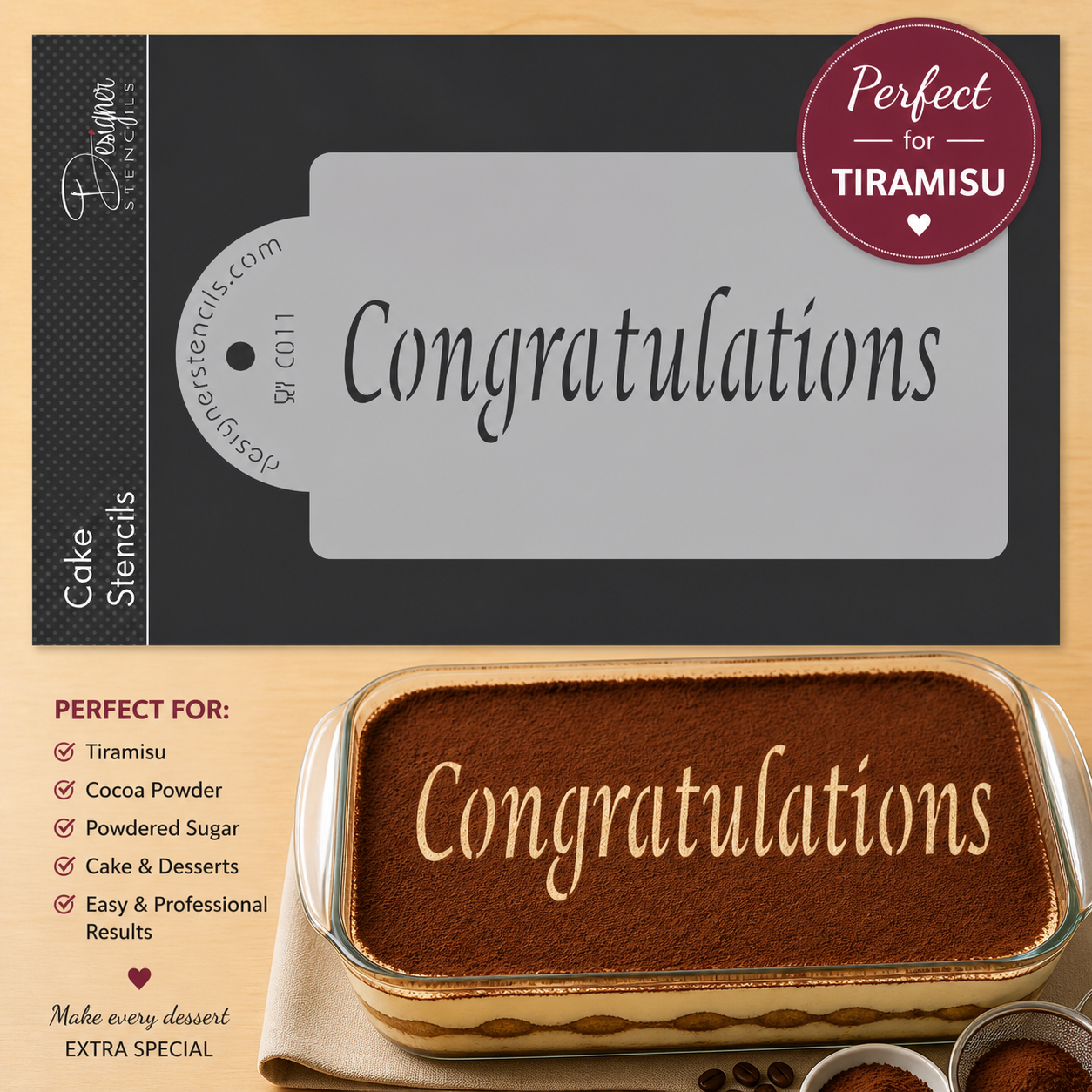 Congratulations Tiramisu Stencil Advertisement