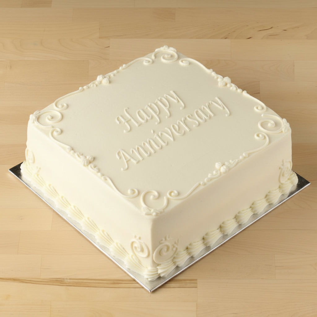 Happy Anniversary cake stencil by Designer Stencils, beige semi-transparent design for elegant cake decoration.