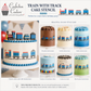 Cake stencils with train design on various cake flavors, featuring Confection Couture branding.