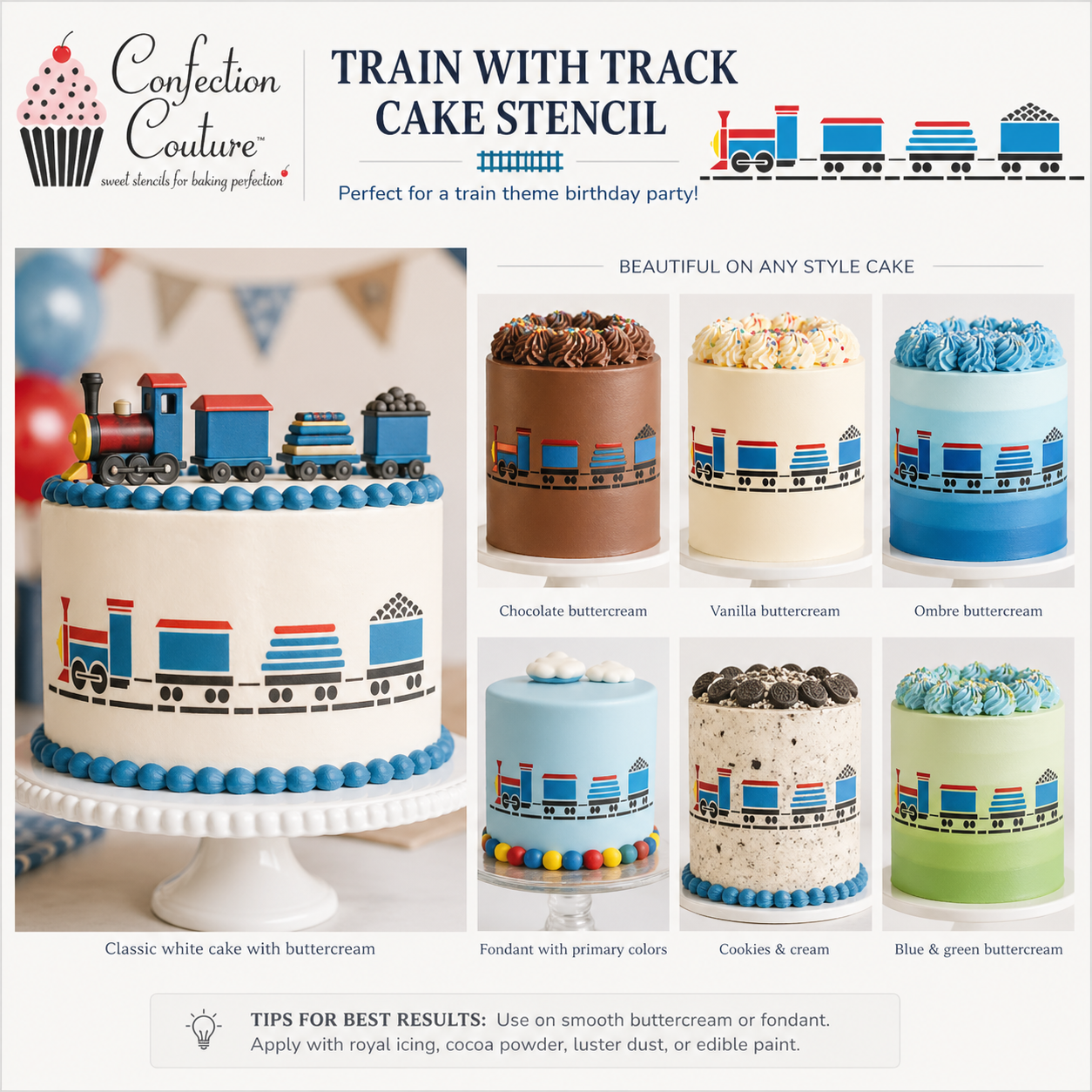 Cake stencils with train design on various cake flavors, featuring Confection Couture branding.