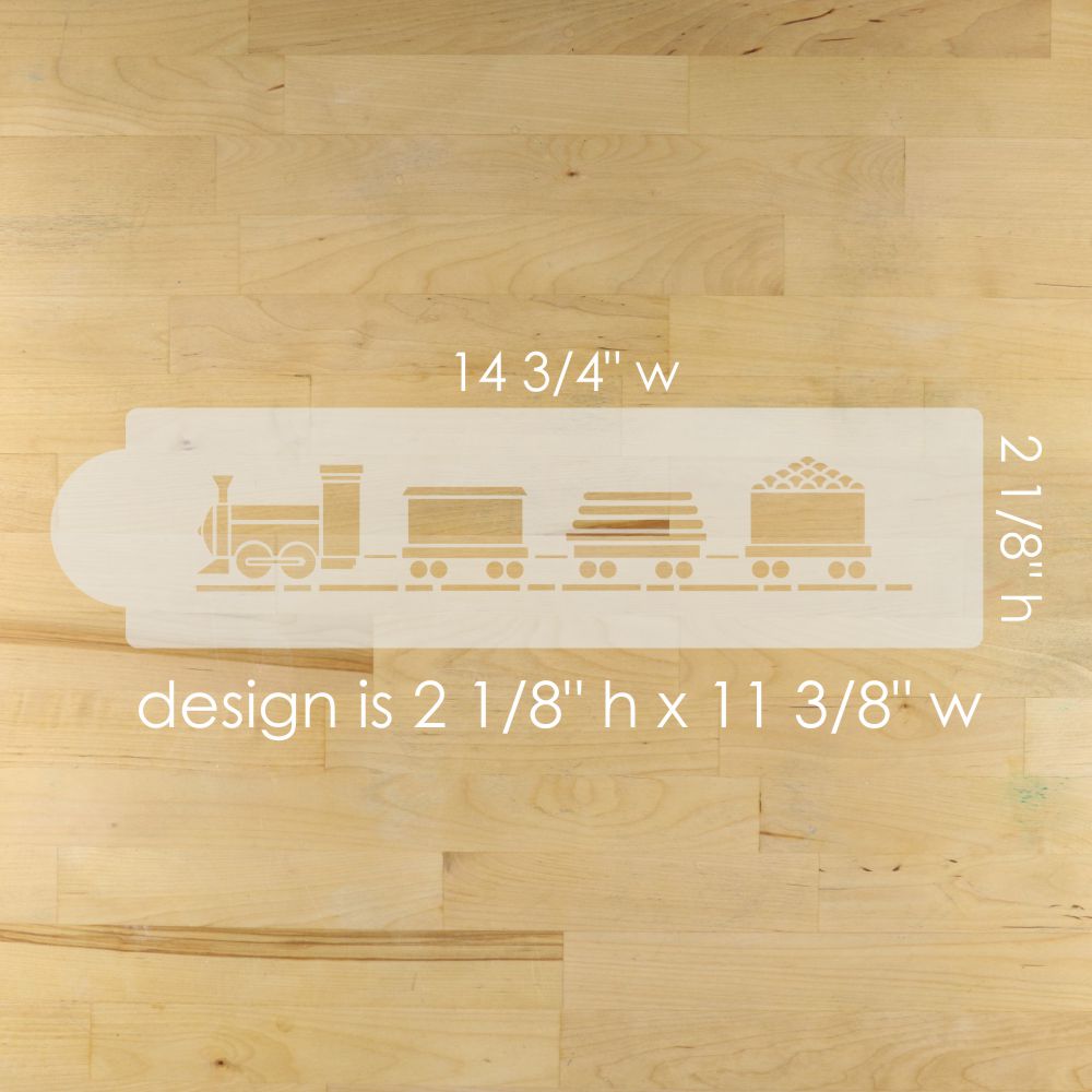 Wooden stencil with train design on a wooden surface