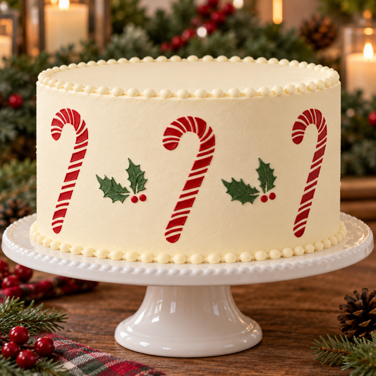 Tall ivory Christmas cake with red striped candy canes and green holly with red berries around the sides