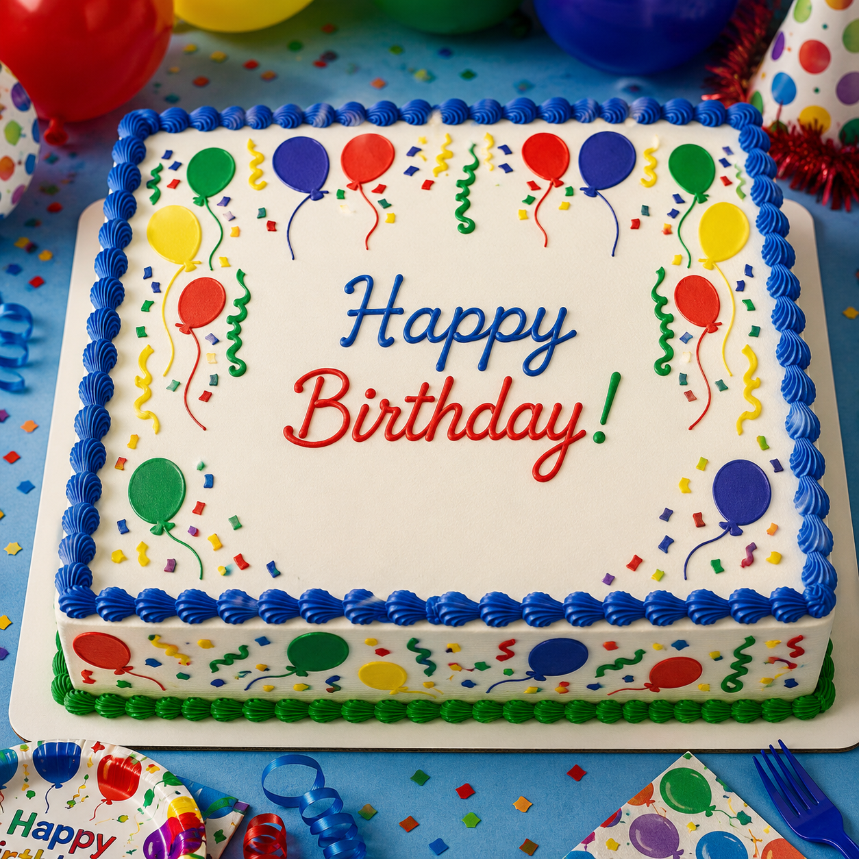 Birthday cake with colorful decorations and 'Happy Birthday!' text on a festive background.