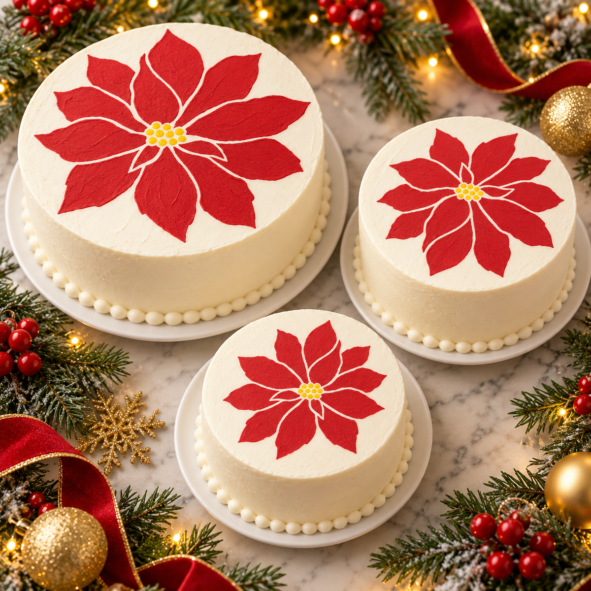 Three round white cakes decorated with large red poinsettia flowers and yellow centers, arranged on a marble surface with Christmas greenery, ribbons, and gold ornaments.
