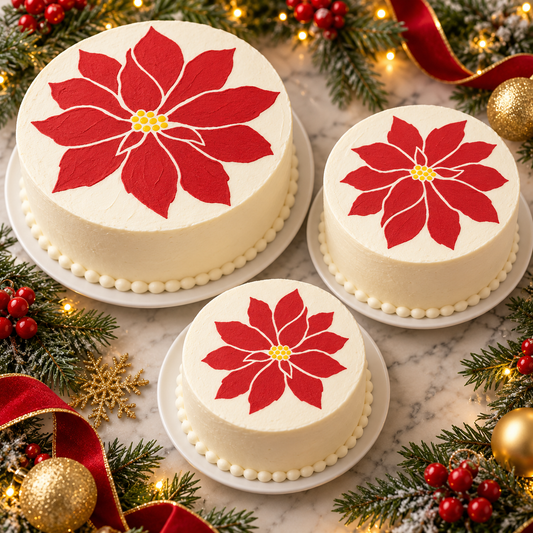 Three round white cakes decorated with large red poinsettia flowers and yellow centers, arranged on a marble surface with Christmas greenery, ribbons, and gold ornaments.