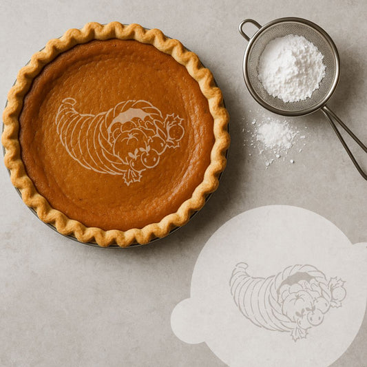 Pumpkin pie with a cornucopia stenciled on top with a powdered sugar.
