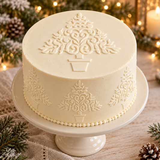 Christmas cake decorated with Christmas tree designs using the Designer Stencils two-piece cake stencil set.