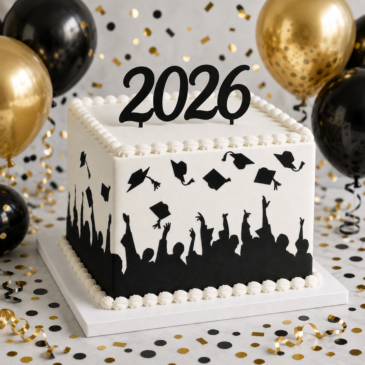 Graduation Silhouette Cake Stencil applied to the sides of a white cake on a table decorated for graduation.