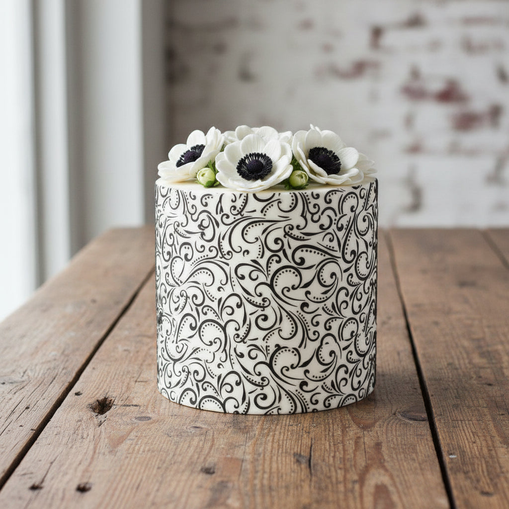 Decorative cake with black and white floral design on a white background