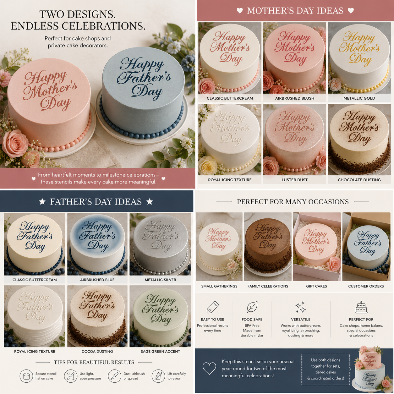 A collage of Mother's Day and Father's Day Cake Stencil toppers applied to the tops of cakes.
