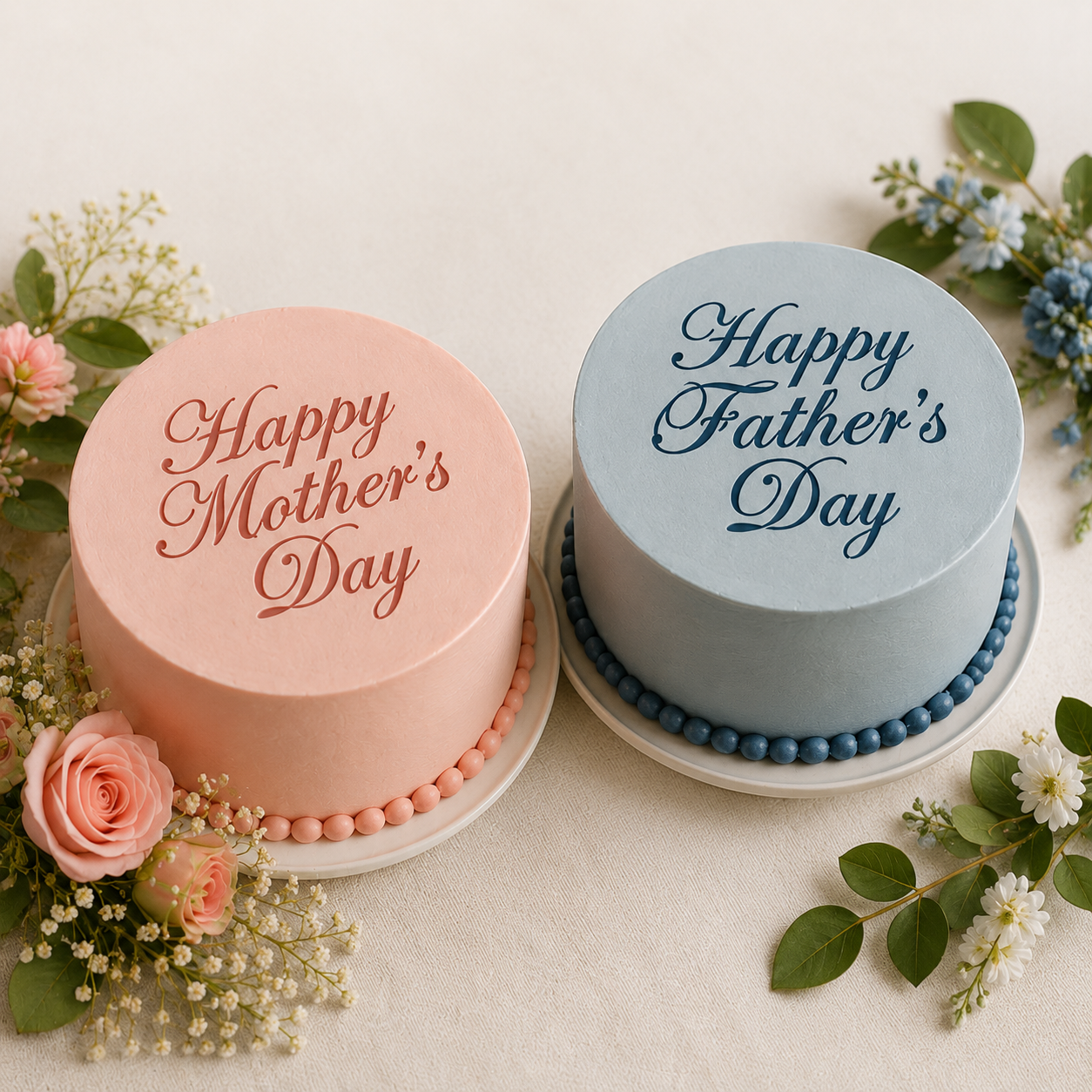 Two cakes, one with Happy Mother's Day and one with Happy Father's Day stenciled onto the top of it.