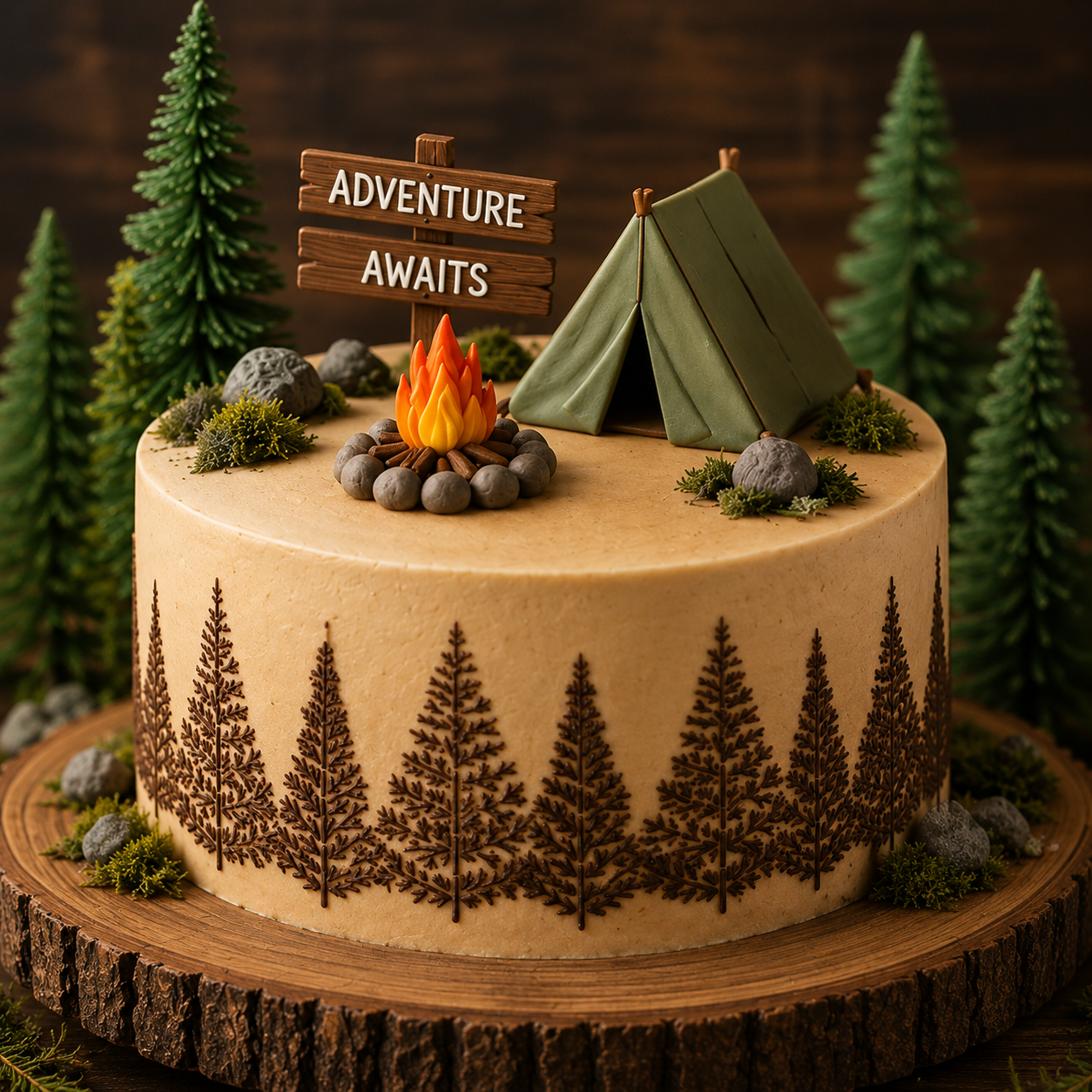 Evergreen tree stencil applied to the sides of an outdoor theme cake
