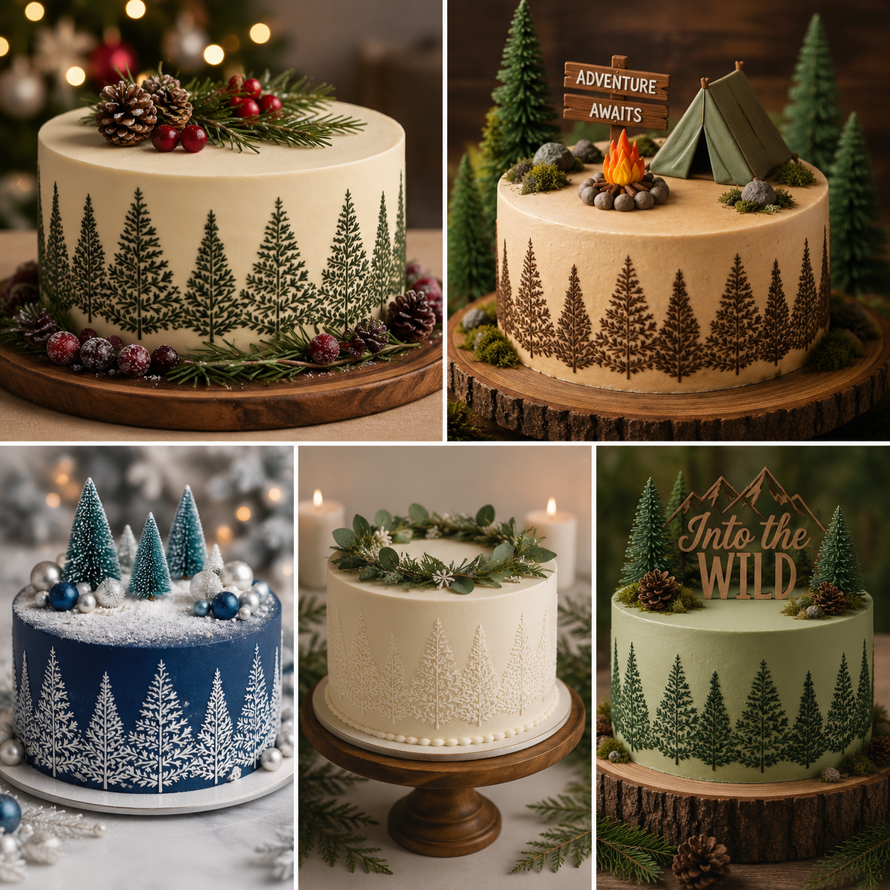 Collage of the evergreen cake stencil in use