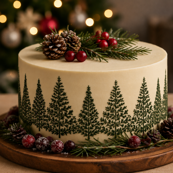 Evergreen side cake stencil applied to the sides of a Christmas theme cake