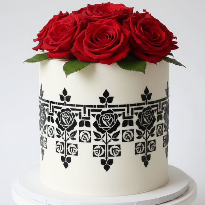 Arts and Crafts Rose Border Cake Stencil Side by Designer Stencils Dimensions