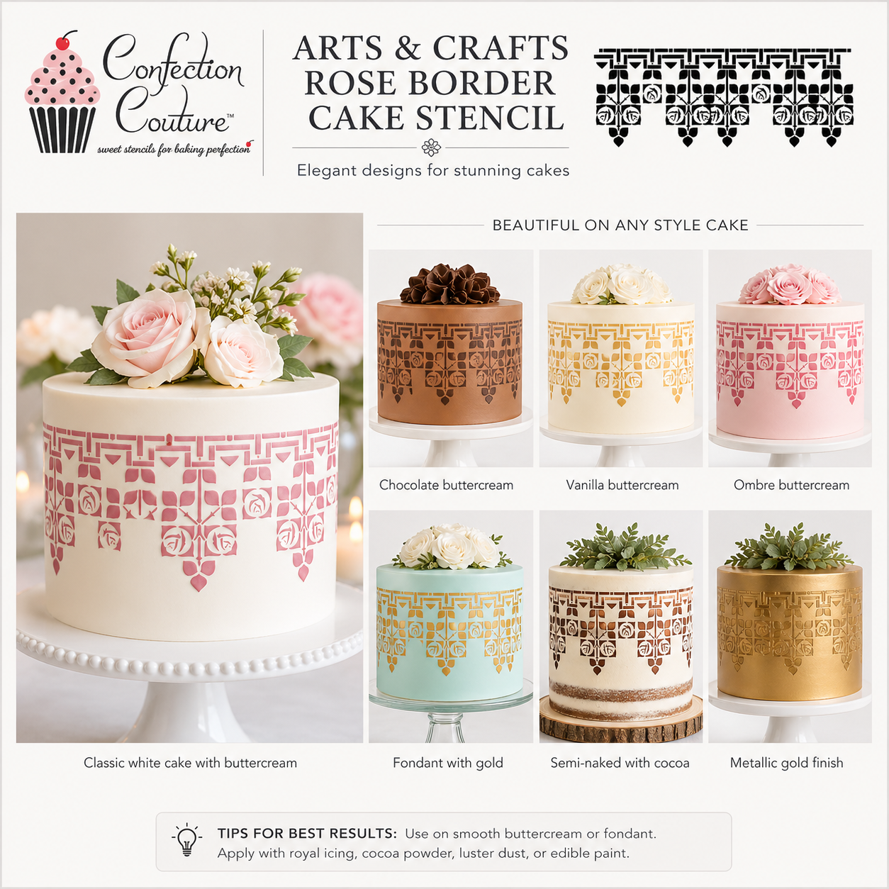 Advertisement for Confection Couture cake stencils with various decorated cakes.