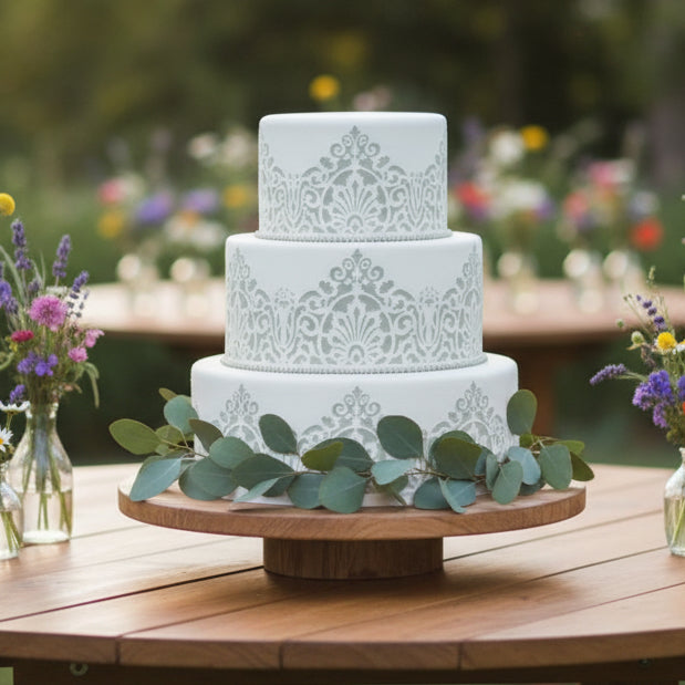 Three-tiered wedding cake with decorative patterns and green leaves on a white background