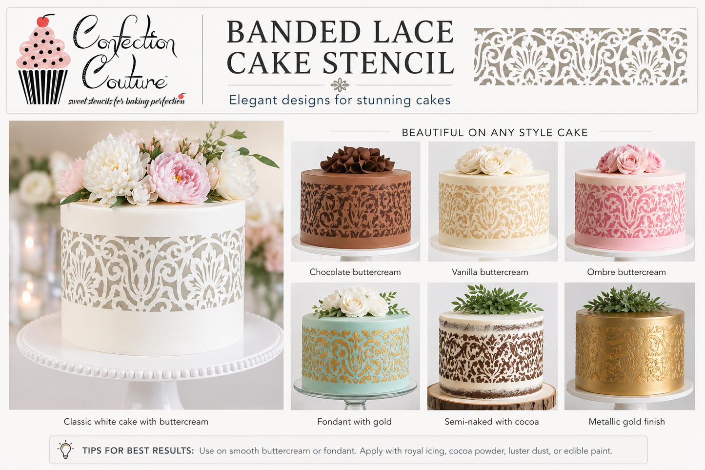 Banded lace cake stencil with examples of cakes decorated using the stencil.