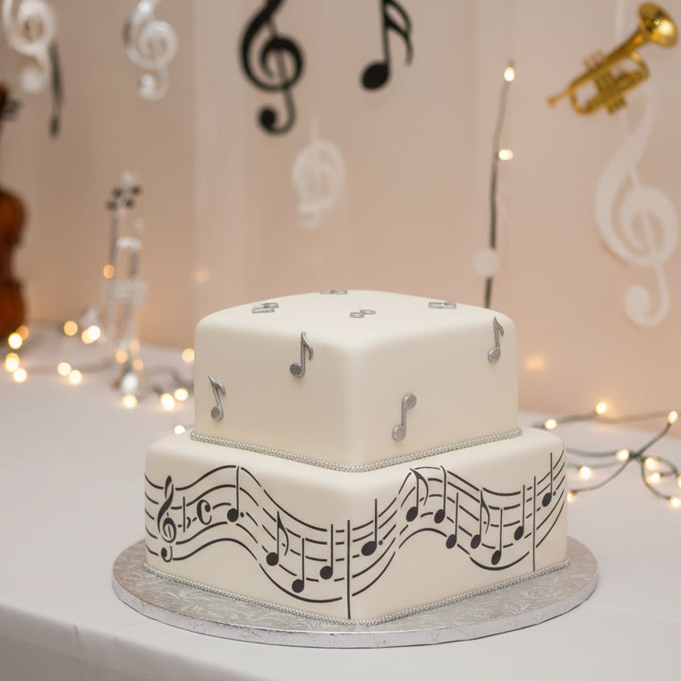 Musical Notes Cake Side Stencil applied to the sides of a white, square cake.