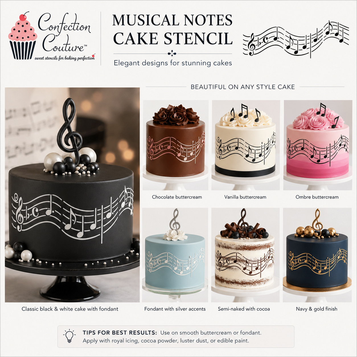 Cake stencils with musical notes on various cake designs by Confection Couture.