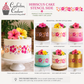 7 cakes with a Hawaiian theme hibiscus flower stenciling on the side