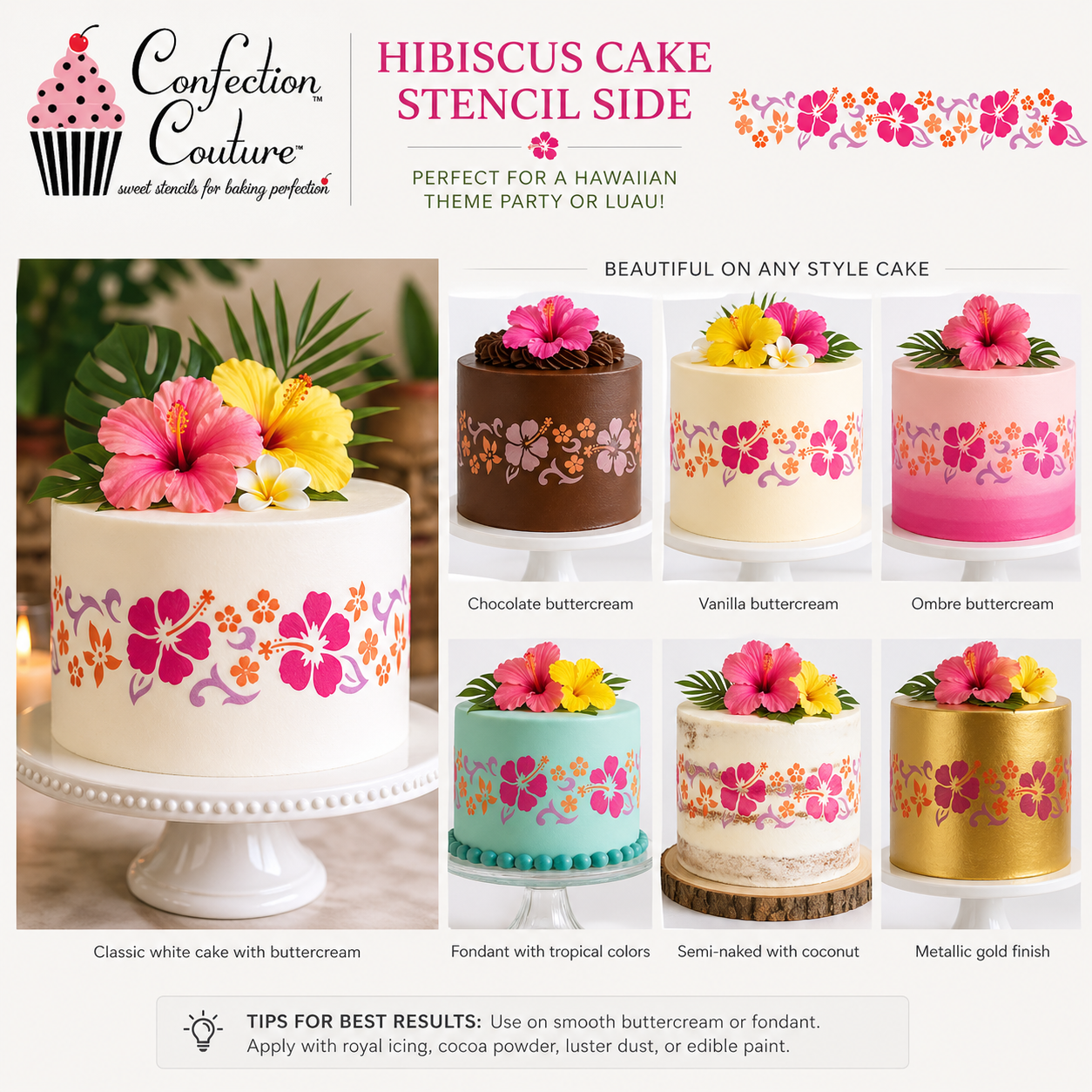 7 cakes with a Hawaiian theme hibiscus flower stenciling on the side