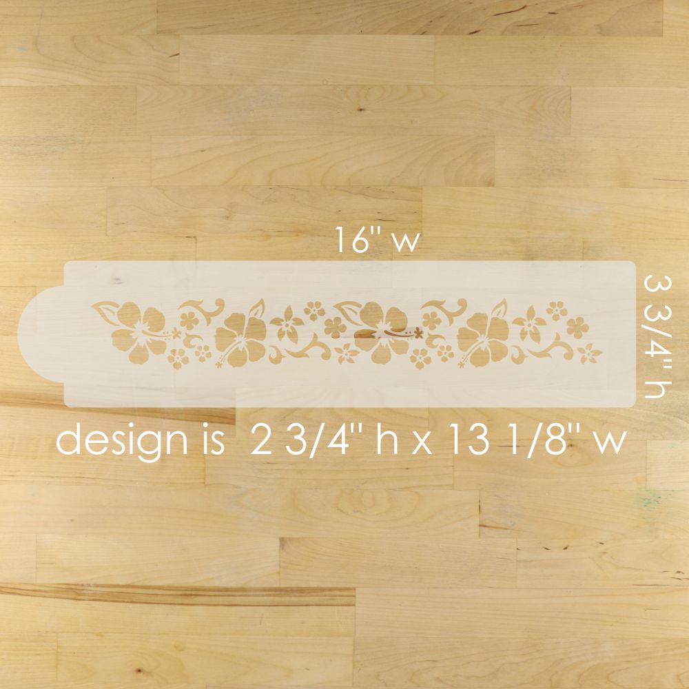 Hibiscus design stencil on a wooden surface with measurements