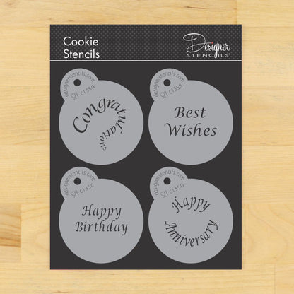 Round cookie stencil set featuring designs for Congratulations, Best Wishes, Happy Birthday, and Happy Anniversary