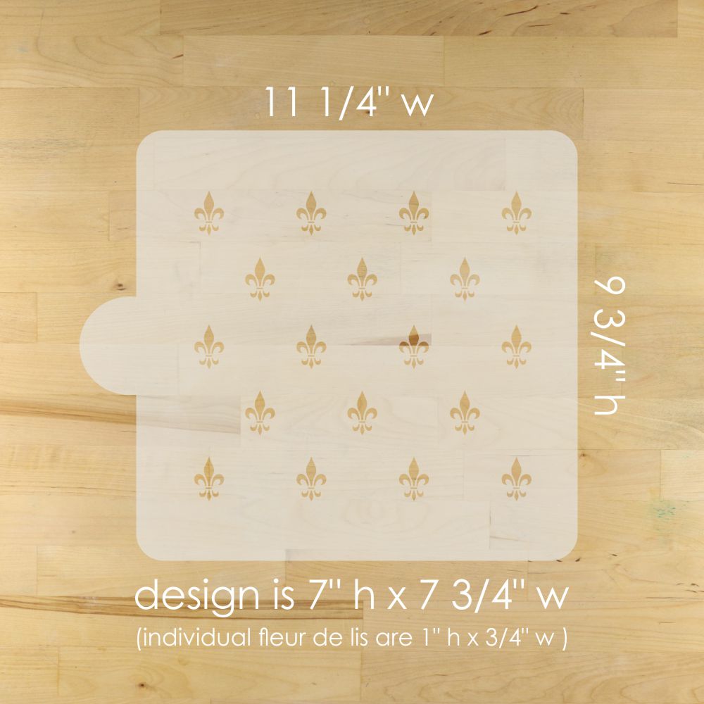 Dimensions for the Fleur de Lis Pattern Cake Side Stencil from Confection Couture Stencils.