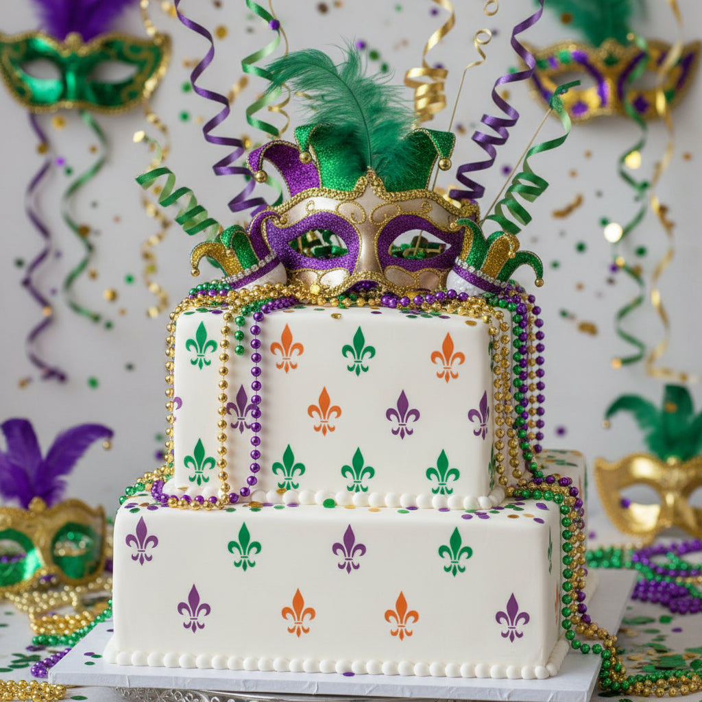Fleur de Lis Pattern applied to the side of a Mardi Gras Party Cake