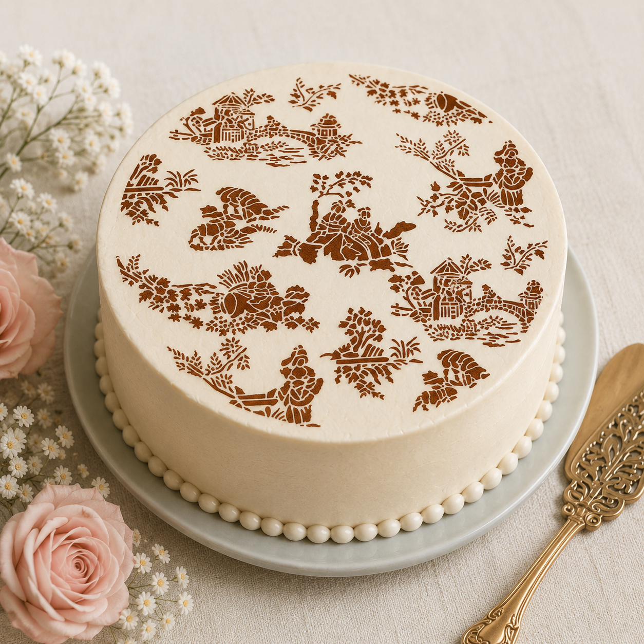 French Toile Cake Stencil top applied to the top of a wedding cake