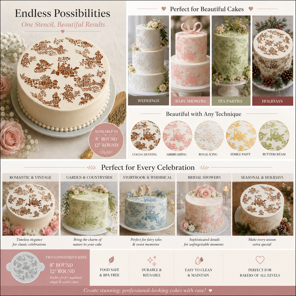 Design collage for the French Toile Round Cake top stencil